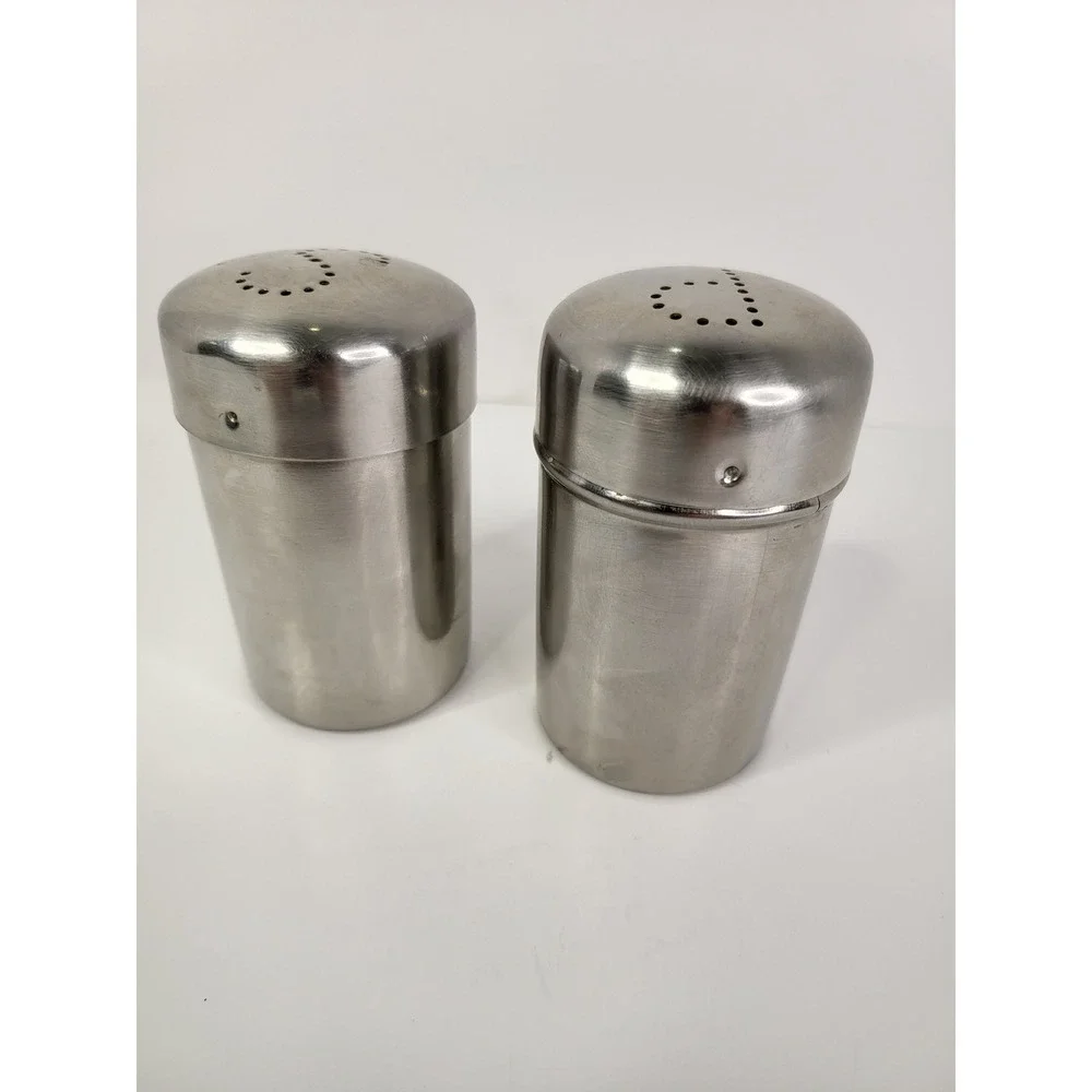 Vintage Stainless Steel Salt and Pepper Shakers Set Brushed Metal S P Lids